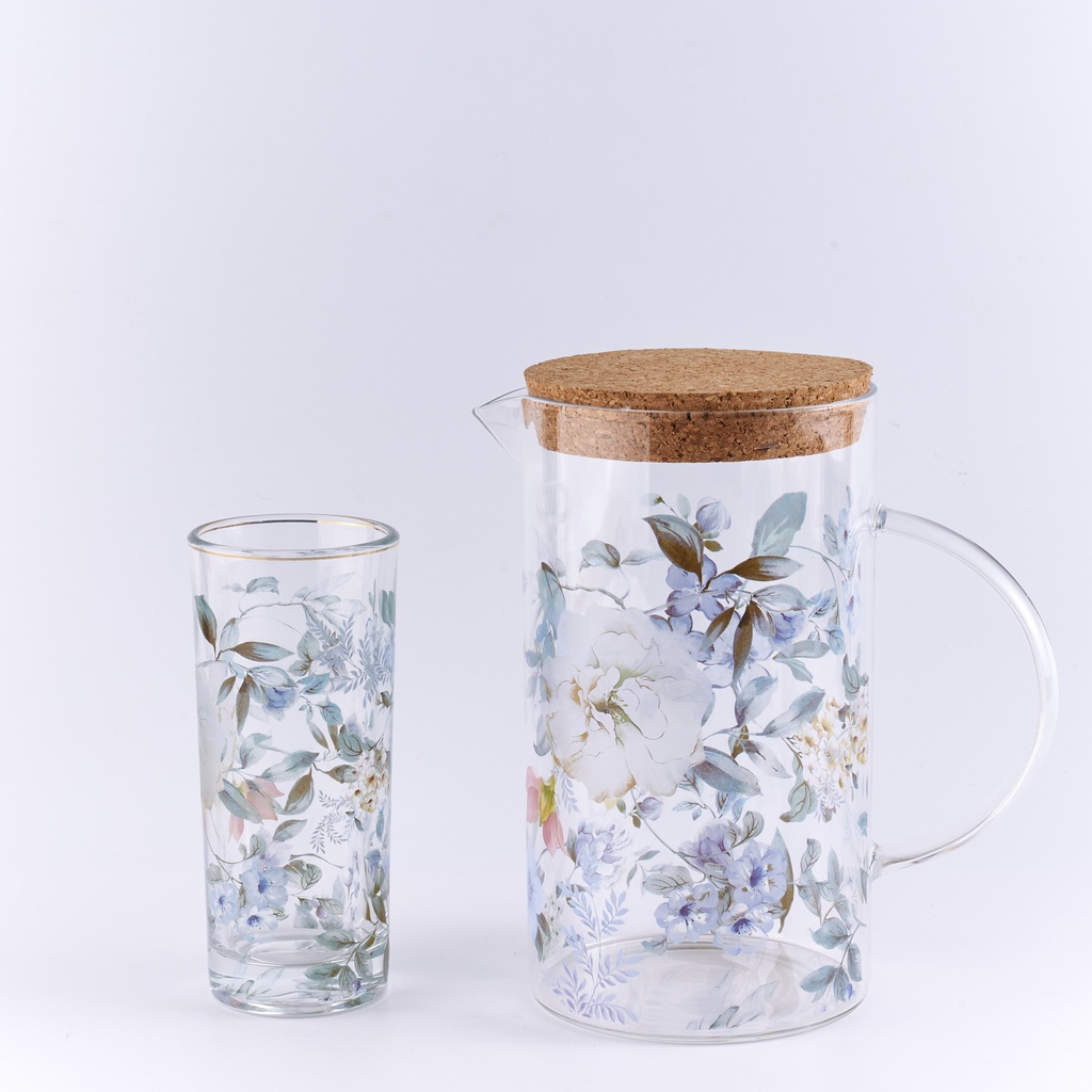 Glass Pitcher with cork + 4 Juice glasses in printed color box
